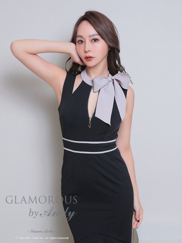 画像10: XSサイズあり【Andy GLAMOROUS/アンディグラマラス】バイカラー/ ネックリボン/ 裾フリル/ フロントジップ/ テールカット/ ミディアムドレス/ キャバドレス[OF05] (10)