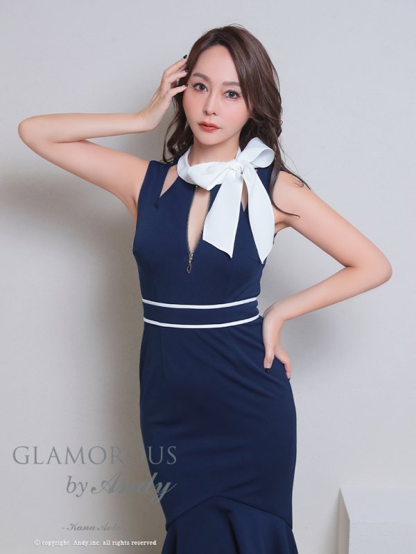 画像17: XSサイズあり【Andy GLAMOROUS/アンディグラマラス】バイカラー/ ネックリボン/ 裾フリル/ フロントジップ/ テールカット/ ミディアムドレス/ キャバドレス[OF05] (17)