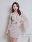 【GLAMOROUS ANDY Fashion Press 13 COLLECTION 02】襟付き/ ハイネック/ シフォンスリーブ/ フロントジップ/ ワンカラー/ ベルトデザイン/ タイト/ ミニドレス/ キャバドレス[OF05]　ベージュ