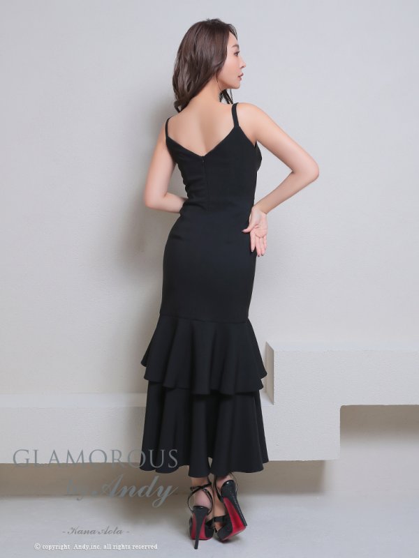 画像10: XSサイズあり【Andy GLAMOROUS/アンディグラマラス】ワンカラー/ キャミソール/ フリル/ ストレッチ/ フレア/ スリット/ ミディアムドレス/ キャバドレス[OF05] (10)