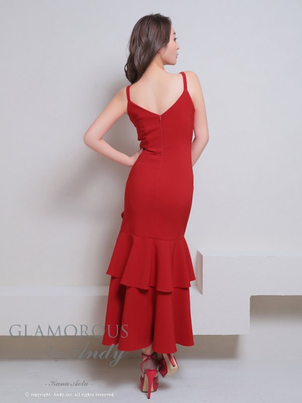 画像16: XSサイズあり【Andy GLAMOROUS/アンディグラマラス】ワンカラー/ キャミソール/ フリル/ ストレッチ/ フレア/ スリット/ ミディアムドレス/ キャバドレス[OF05] (16)