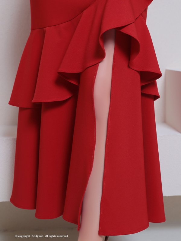 画像18: XSサイズあり【Andy GLAMOROUS/アンディグラマラス】ワンカラー/ キャミソール/ フリル/ ストレッチ/ フレア/ スリット/ ミディアムドレス/ キャバドレス[OF05] (18)