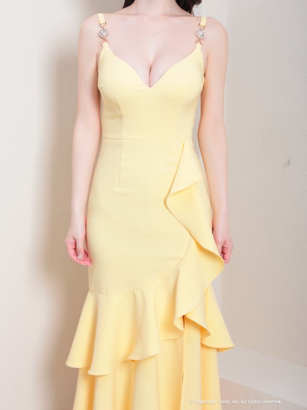 画像45: XSサイズあり【Andy GLAMOROUS/アンディグラマラス】ワンカラー/ キャミソール/ フリル/ ストレッチ/ フレア/ スリット/ ミディアムドレス/ キャバドレス[OF05] (45)