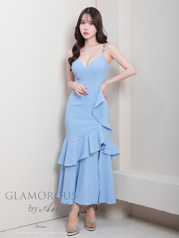 画像32: XSサイズあり【Andy GLAMOROUS/アンディグラマラス】ワンカラー/ キャミソール/ フリル/ ストレッチ/ フレア/ スリット/ ミディアムドレス/ キャバドレス[OF05] (32)