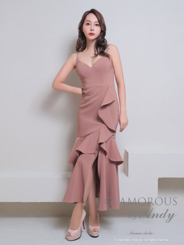 画像26: XSサイズあり【Andy GLAMOROUS/アンディグラマラス】ワンカラー/ キャミソール/ フリル/ ストレッチ/ フレア/ スリット/ ミディアムドレス/ キャバドレス[OF05] (26)