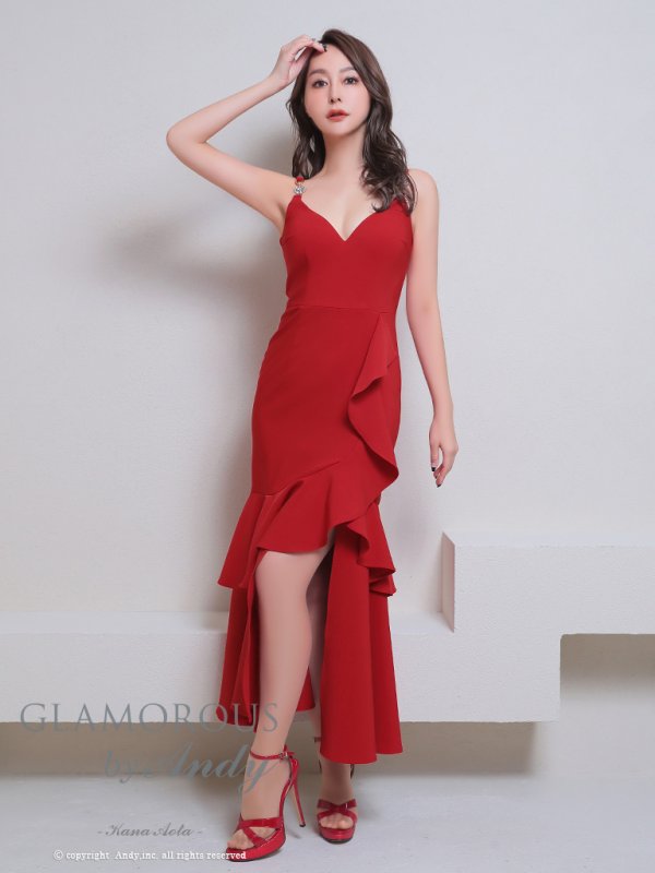 画像14: XSサイズあり【Andy GLAMOROUS/アンディグラマラス】ワンカラー/ キャミソール/ フリル/ ストレッチ/ フレア/ スリット/ ミディアムドレス/ キャバドレス[OF05] (14)