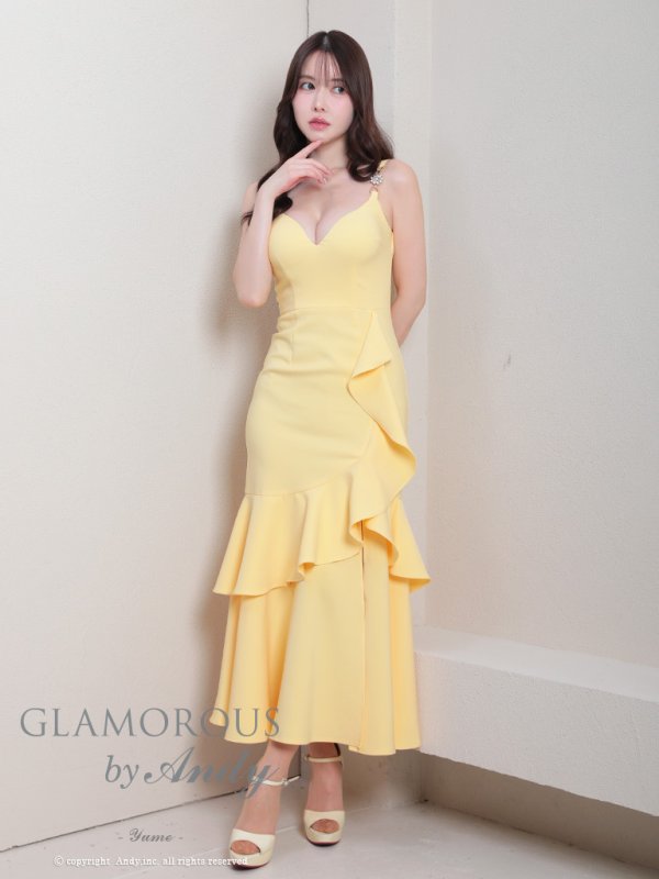 画像43: XSサイズあり【Andy GLAMOROUS/アンディグラマラス】ワンカラー/ キャミソール/ フリル/ ストレッチ/ フレア/ スリット/ ミディアムドレス/ キャバドレス[OF05] (43)