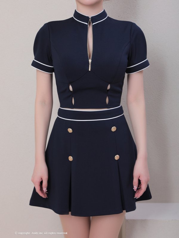 画像8: XSサイズあり【Andy GLAMOROUS/アンディグラマラス】バイカラー/ フロントジップ/ ボタンデザイン/ 袖あり/ 半袖/ プリーツ/ Aライン/ セットアップ/ ミニドレス/ キャバドレス[OF05] (8)
