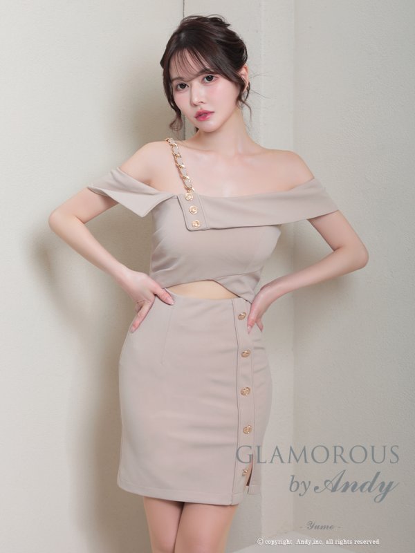 画像42: XSサイズあり【Andy GLAMOROUS/アンディグラマラス】ワンショルダー/ リボン/ チェーン/ オフショル/ ボタン/ カットアウト/ タイト/ ミニドレス/ キャバドレス[OF05] (42)