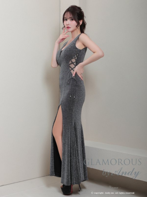 画像6: 【Andy GLAMOROUS/アンディグラマラス】ラメニット/ シアー/ 編み上げ/ スリット/ タイト/ ロングドレス/ キャバドレス long[OF05] (6)