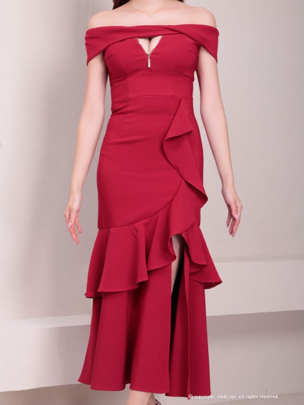 画像36: 【Andy GLAMOROUS/アンディグラマラス】シンプル/ ワンカラー/ フロントジップ/ オフショル/ フリル/ アシンメトリー/ マーメイド/ ミディアムドレス/ キャバドレス [OF05] (36)