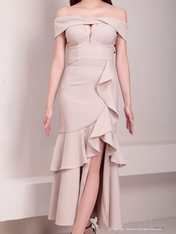 画像36: 【Andy GLAMOROUS/アンディグラマラス】シンプル/ ワンカラー/ フロントジップ/ オフショル/ フリル/ アシンメトリー/ マーメイド/ ミディアムドレス/ キャバドレス [OF05] (36)