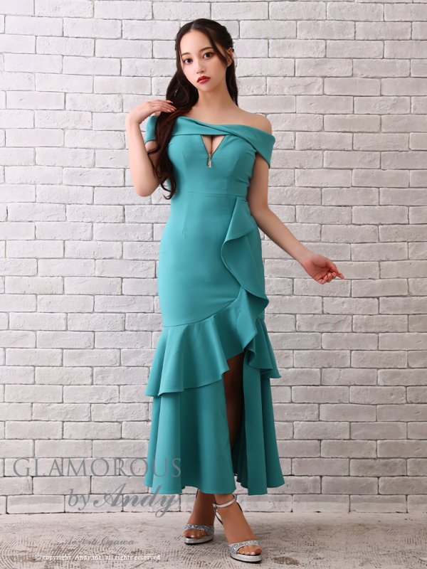 画像3: 【Andy GLAMOROUS/アンディグラマラス】シンプル/ ワンカラー/ フロントジップ/ オフショル/ フリル/ アシンメトリー/ マーメイド/ ミディアムドレス/ キャバドレス [OF05] (3)