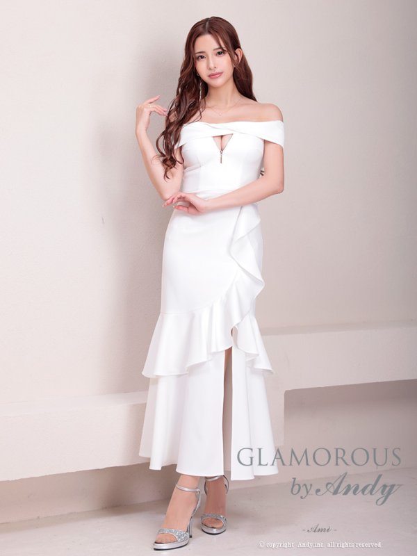 画像40: 【Andy GLAMOROUS/アンディグラマラス】シンプル/ ワンカラー/ フロントジップ/ オフショル/ フリル/ アシンメトリー/ マーメイド/ ミディアムドレス/ キャバドレス [OF05] (40)