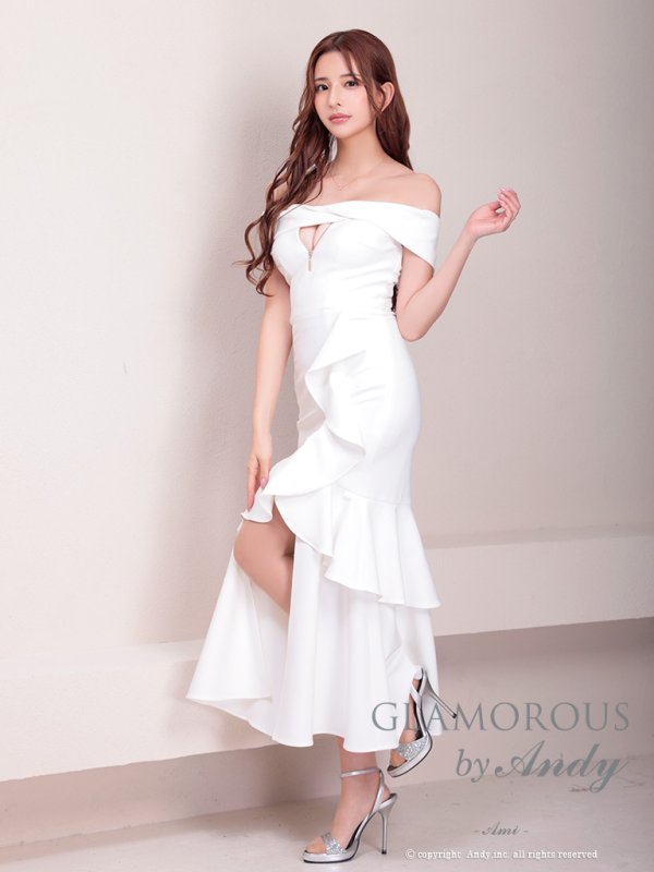 画像41: 【Andy GLAMOROUS/アンディグラマラス】シンプル/ ワンカラー/ フロントジップ/ オフショル/ フリル/ アシンメトリー/ マーメイド/ ミディアムドレス/ キャバドレス [OF05] (41)