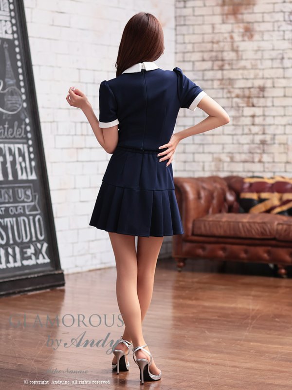 画像5: XSサイズあり【Andy GLAMOROUS/アンディグラマラス】襟付き/ バイカラー/ 半袖/ 袖あり/ ストレッチ/ プリーツ/ フレア/ セットアップ/ ミニドレス/ キャバドレス[OF05] (5)