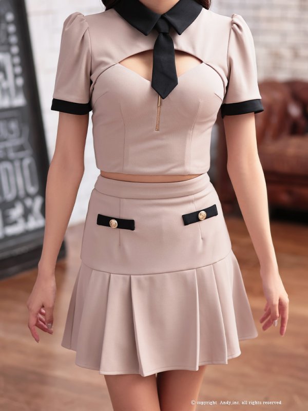 画像17: XSサイズあり【Andy GLAMOROUS/アンディグラマラス】襟付き/ バイカラー/ 半袖/ 袖あり/ ストレッチ/ プリーツ/ フレア/ セットアップ/ ミニドレス/ キャバドレス[OF05] (17)