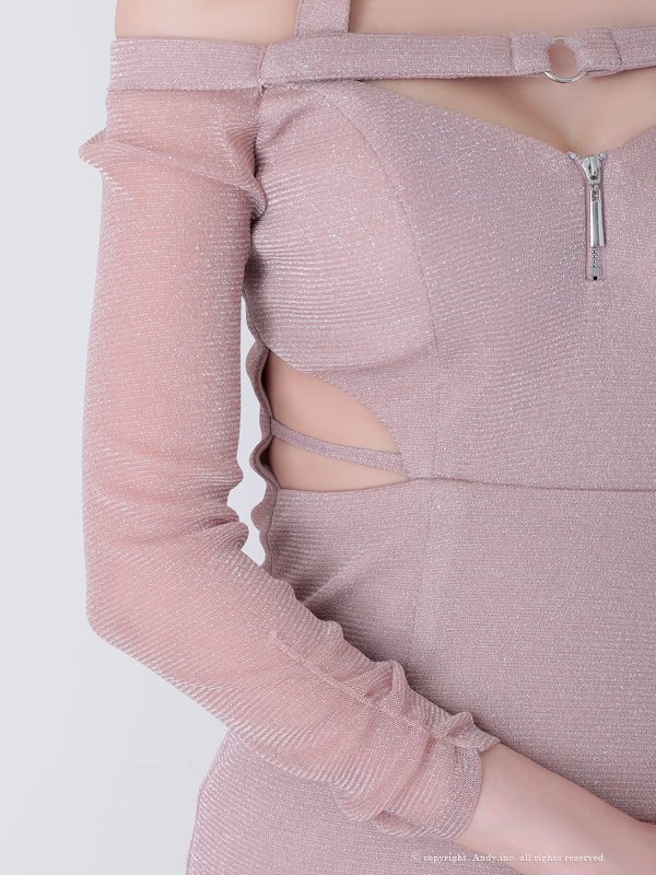 画像15: XSサイズあり【Andy GLAMOROUS/アンディグラマラス】ラメニット/ ホルター/ オフショル/ ロングスリーブ/ 袖あり/ カットアウト/ ウエストシアー/ タイト/ ミニドレス/ キャバドレス[OF05] (15)