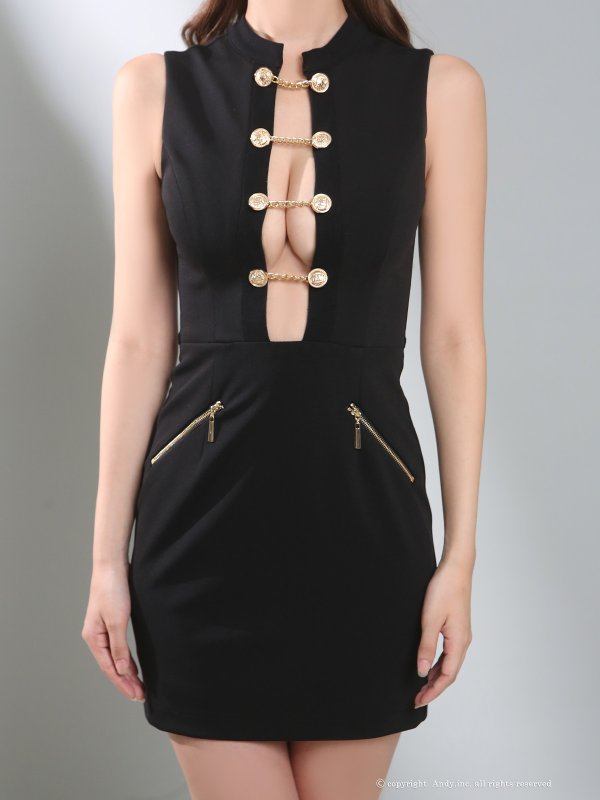 画像12: XSサイズあり【Andy GLAMOROUS/アンディグラマラス】ハイネック/ カットアウト/ チェーン/ ボタン/ ノースリーブ/ シンプル/ タイト/ ミニドレス/ キャバドレス[OF05] (12)