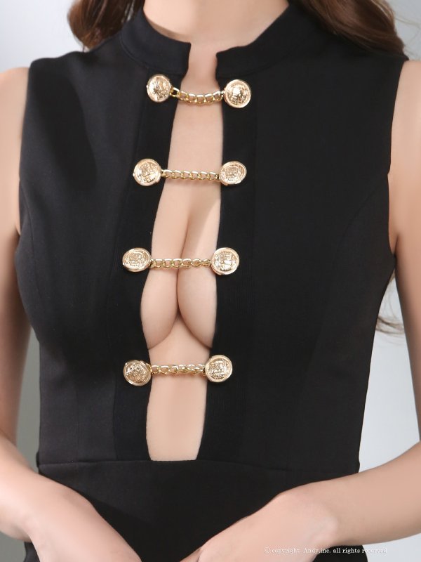 画像14: XSサイズあり【Andy GLAMOROUS/アンディグラマラス】ハイネック/ カットアウト/ チェーン/ ボタン/ ノースリーブ/ シンプル/ タイト/ ミニドレス/ キャバドレス[OF05] (14)