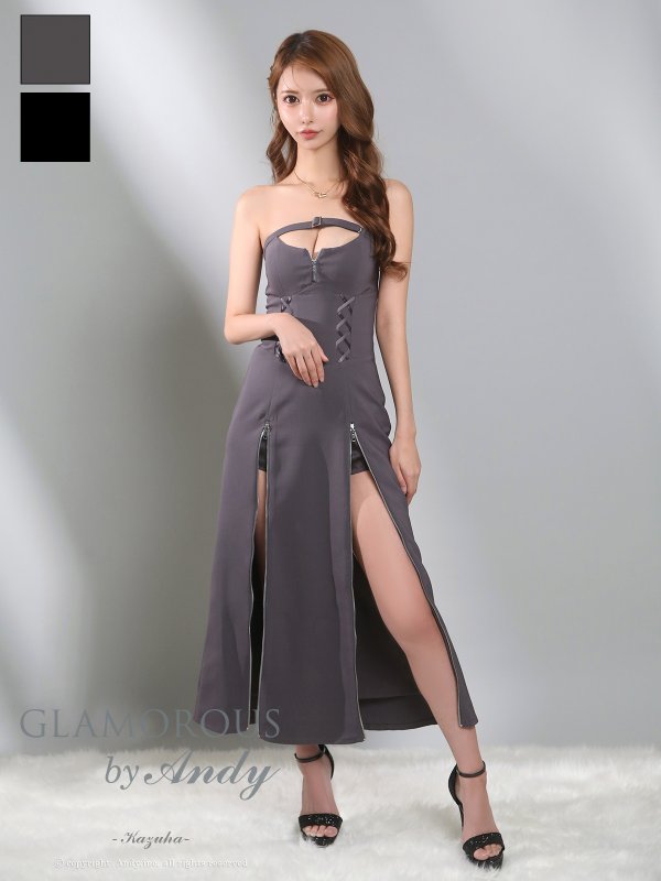 画像12: XSサイズあり【Andy GLAMOROUS/アンディグラマラス】ジップデザイン/ カットアウト/ ベア/ ストレッチ/ インナーパンツ付き/ ミディアムドレス/ キャバドレス long[OF05] (12)