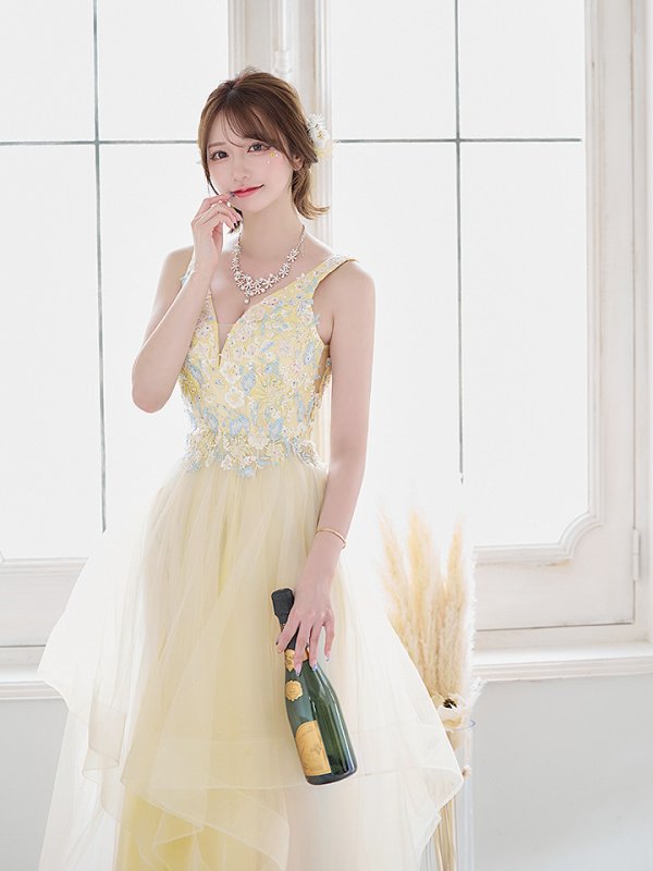画像15: 【圓谷はく / 関西コレクション着用】【Lip line/リップライン】フラワー刺繍/ 2段フレア/ Aライン/ チュール/ プリンセス/ ロングドレス/ キャバドレスlong[HC03] (15)