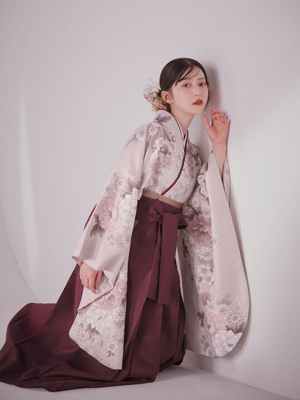 画像15: 【予約商品 / 1月中旬発送予定】ピンク牡丹 くすみピンク二尺袖着物【卒業袴３点セット 二尺袖着物/帯/袴】 (15)