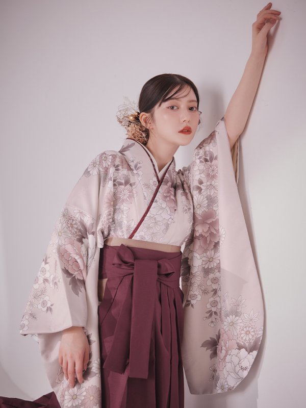 画像18: 【予約商品 / 1月中旬発送予定】ピンク牡丹 くすみピンク二尺袖着物【卒業袴３点セット 二尺袖着物/帯/袴】 (18)