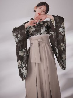 ベージュ小花 ブラウン二尺袖着物【卒業袴３点セット 二尺袖着物/帯/袴】