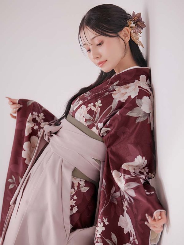 画像8: 【予約商品/1月中旬発送予定】ピンク芍薬 ワインレッド二尺袖着物【卒業袴３点セット 二尺袖着物/帯/袴】 (8)