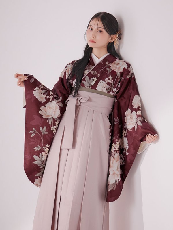 画像9: 【予約商品/1月中旬発送予定】ピンク芍薬 ワインレッド二尺袖着物【卒業袴３点セット 二尺袖着物/帯/袴】 (9)