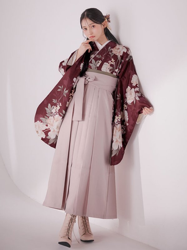 画像11: 【予約商品/1月中旬発送予定】ピンク芍薬 ワインレッド二尺袖着物【卒業袴３点セット 二尺袖着物/帯/袴】 (11)