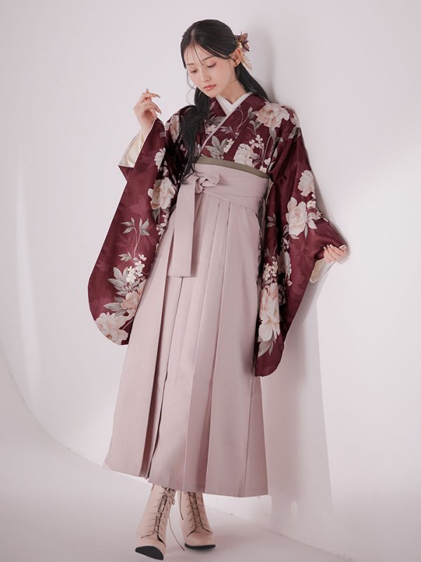 画像13: 【予約商品/1月中旬発送予定】ピンク芍薬 ワインレッド二尺袖着物【卒業袴３点セット 二尺袖着物/帯/袴】 (13)