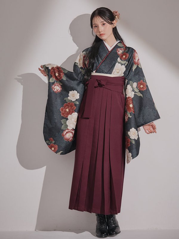 画像10: 【予約商品/1月中旬発送予定】白×赤椿 ブラック二尺袖着物【卒業袴３点セット 二尺袖着物/帯/袴】 (10)