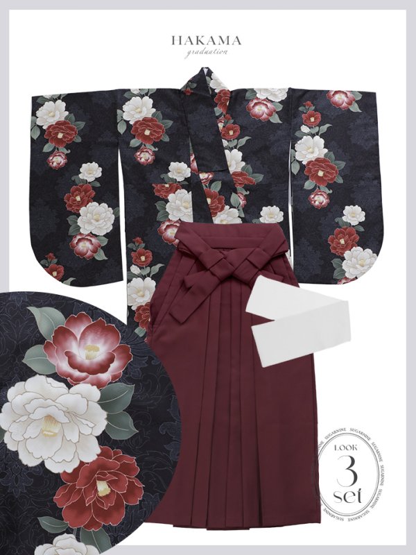 画像16: 【予約商品/1月中旬発送予定】白×赤椿 ブラック二尺袖着物【卒業袴３点セット 二尺袖着物/帯/袴】 (16)