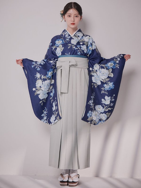 画像4: 【予約商品/1月中旬発送予定】青フラワーブーケ ブルー二尺袖着物【卒業袴３点セット 二尺袖着物/帯/袴】 (4)