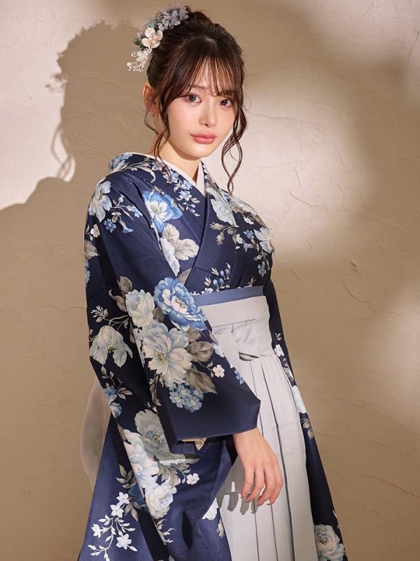画像8: 【予約商品/1月中旬発送予定】青フラワーブーケ ブルー二尺袖着物【卒業袴３点セット 二尺袖着物/帯/袴】 (8)