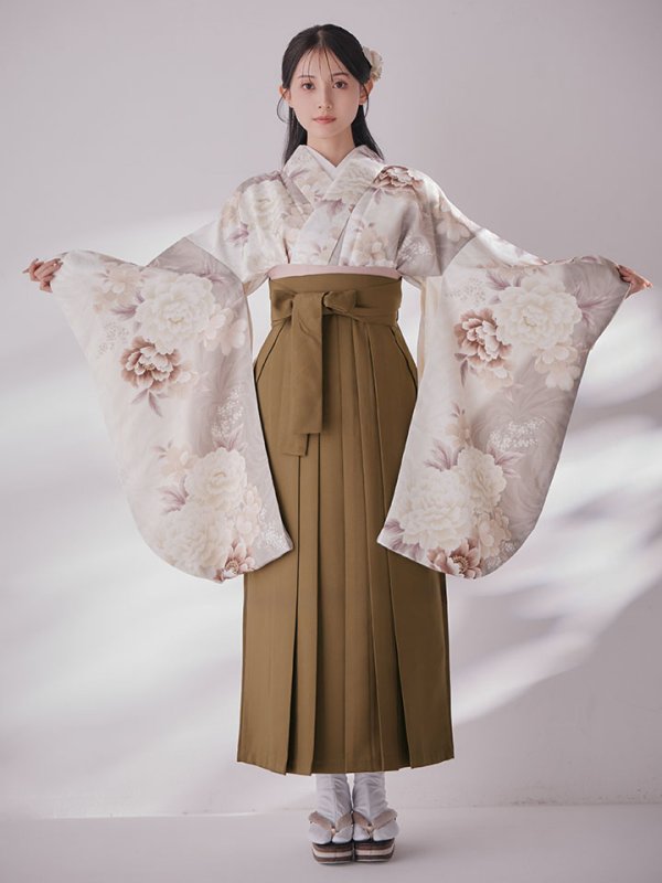 画像4: 【予約商品/1月中旬発送予定】グレーピンクフラワー グラデーション二尺袖着物【卒業袴３点セット 二尺袖着物/帯/袴】 (4)