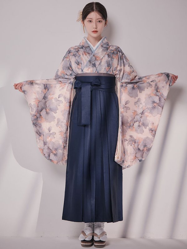 画像4: 【予約商品 / 1月中旬発送予定】グレーピンクフラワー グラデーション二尺袖着物【卒業袴３点セット 二尺袖着物/帯/袴】 (4)