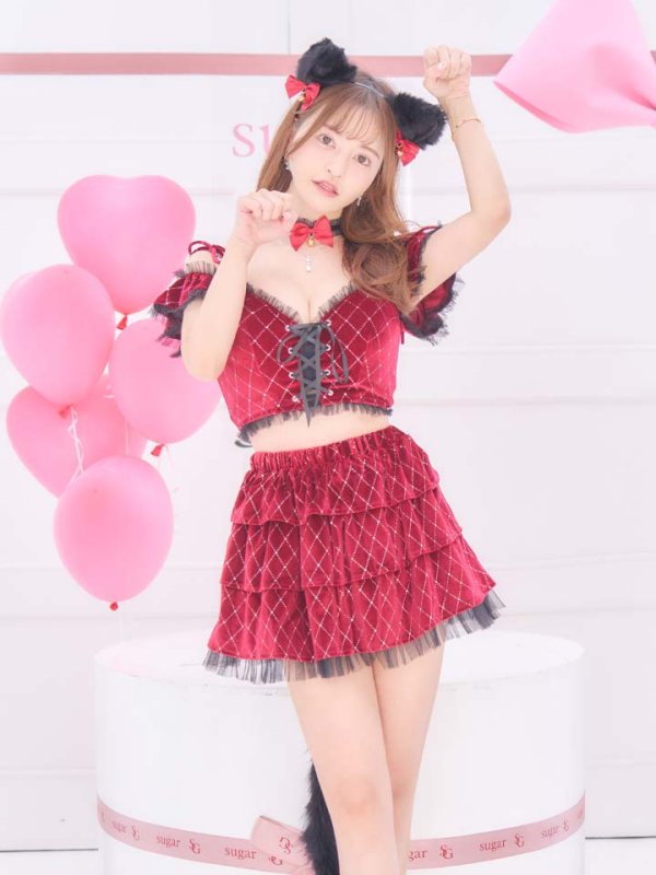 画像2: 【即日発送】【ハロウィン】キャットオフショルビジューセットアップ【コスプレ6点セット】【XS-Lサイズ/3カラー】[HC03] (2)