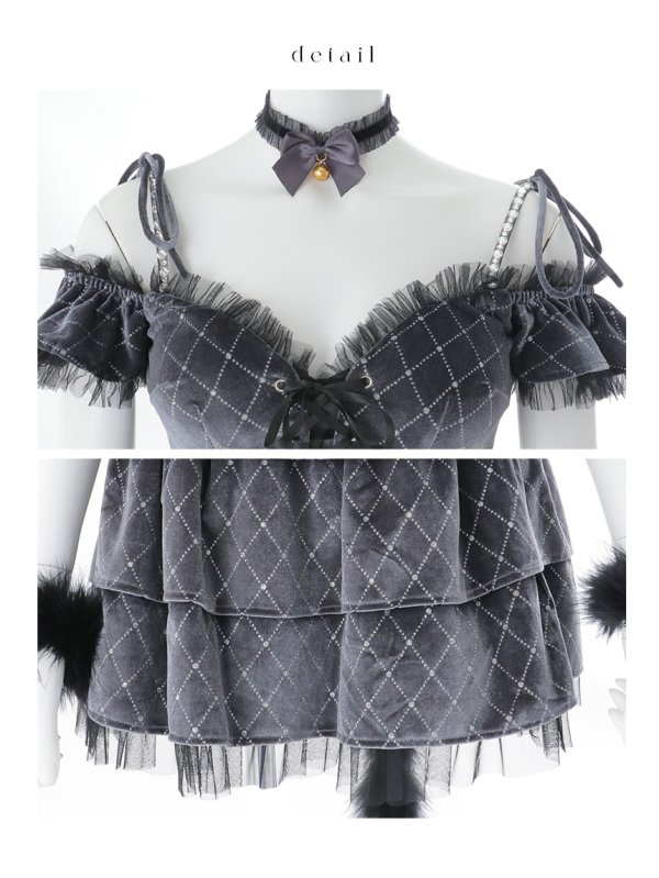 画像33: 【即日発送】【ハロウィン】キャットオフショルビジューセットアップ【コスプレ6点セット】【XS-Lサイズ/3カラー】[HC03] (33)