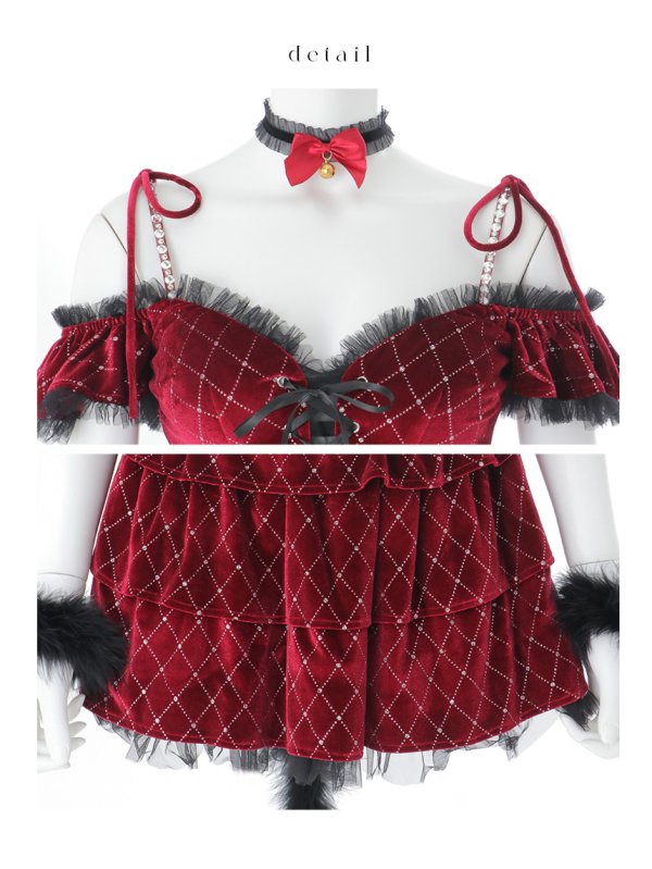 画像37: 【即日発送】【ハロウィン】キャットオフショルビジューセットアップ【コスプレ6点セット】【XS-Lサイズ/3カラー】[HC03] (37)