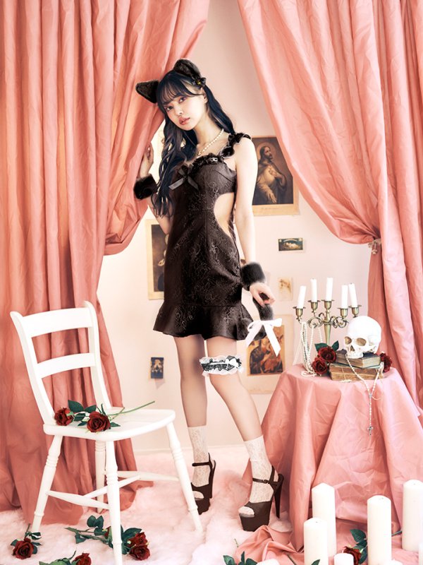 画像1: 【即日発送】【ハロウィン】【LARME/ラルム掲載】 キャットレースミニワンピ 【コスプレ5点セット】【XS-Mサイズ/3カラー】[YMT] (1)