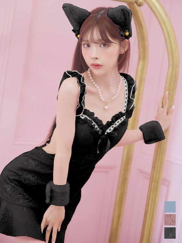画像1: 【即日発送】【ハロウィン】緩苺ちゃん着用  キャットレースミニワンピ 【コスプレ5点セット】【XS-Mサイズ/3カラー】[YMT] (1)