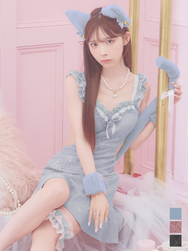 画像2: 【即日発送】【ハロウィン】緩苺ちゃん着用  キャットレースミニワンピ 【コスプレ5点セット】【XS-Mサイズ/3カラー】[HC03] (2)