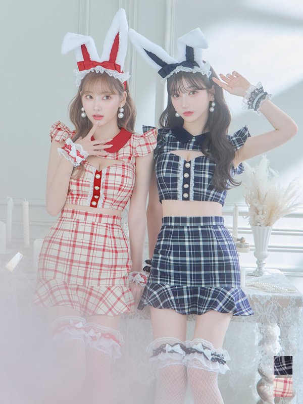 画像2: 【SALE!】【即日発送】【ハロウィン】 チェックバニーセットアップ  【コスプレ6点セット】【XS-Lサイズ/2カラー】[OF04] (2)