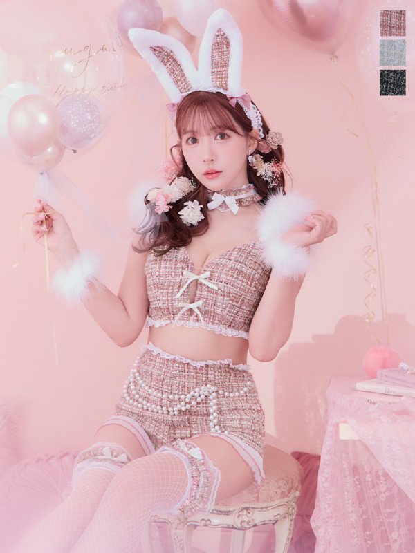 画像2: 【SALE!!】【即日発送】【ハロウィン】 ファーツイードバニーセットアップ 【コスプレ8点セット】【XS-Mサイズ/3カラー】[OF04] (2)