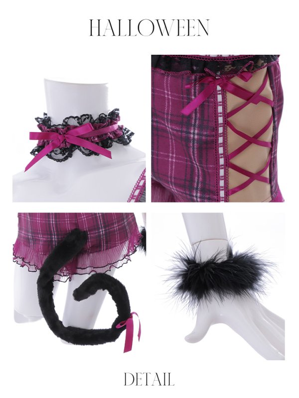 画像36: 【SALE!!】【即日発送】【ハロウィン】チェックキャットセットアップ【コスプレ6点セット】【S-Mサイズ/1カラー】[HC03] (36)