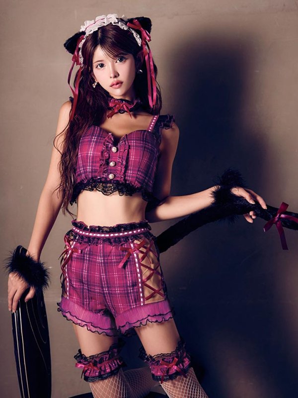 画像1: 【即日発送】【ハロウィン】チェックキャットセットアップ【コスプレ6点セット】【S-Mサイズ/1カラー】[OF01] (1)