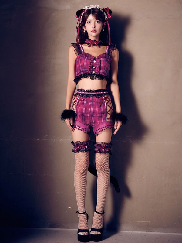 画像7: 【SALE!!】【即日発送】【ハロウィン】チェックキャットセットアップ【コスプレ6点セット】【S-Mサイズ/1カラー】[HC03] (7)